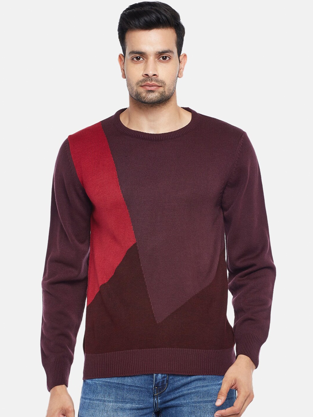 

BYFORD by Pantaloons Men Burgundy & Red Colourblocked Pullover Sweater