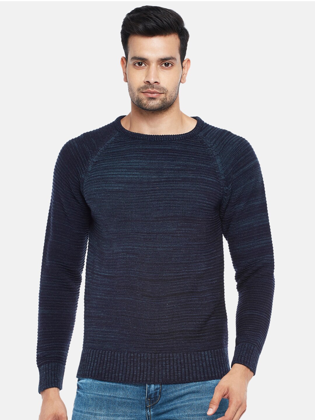 

BYFORD by Pantaloons Men Navy Blue Ribbed Pullover