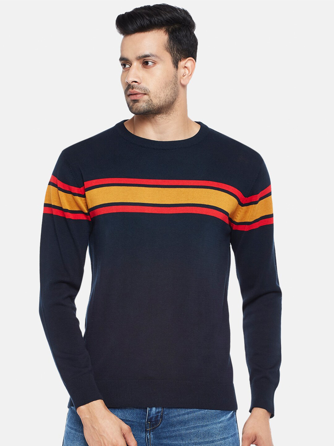 

BYFORD by Pantaloons Men Navy Blue & Red Striped Pullover