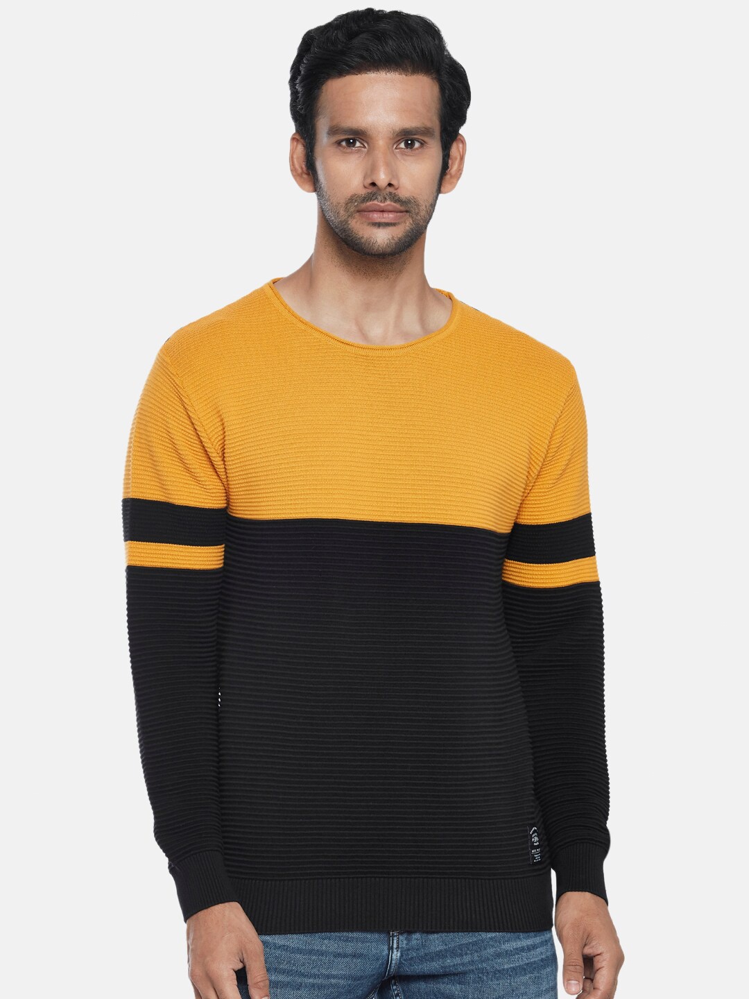 

People Men Mustard & Black Pure Cotton Colourblocked Pullover