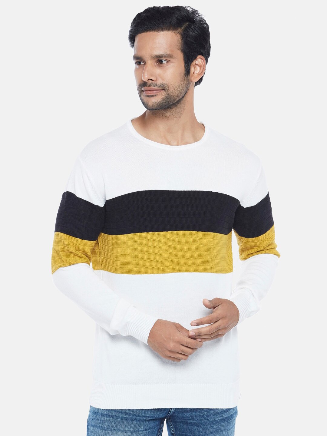 

People Men White & Mustard Striped Colourblocked Pure Cotton Pullover