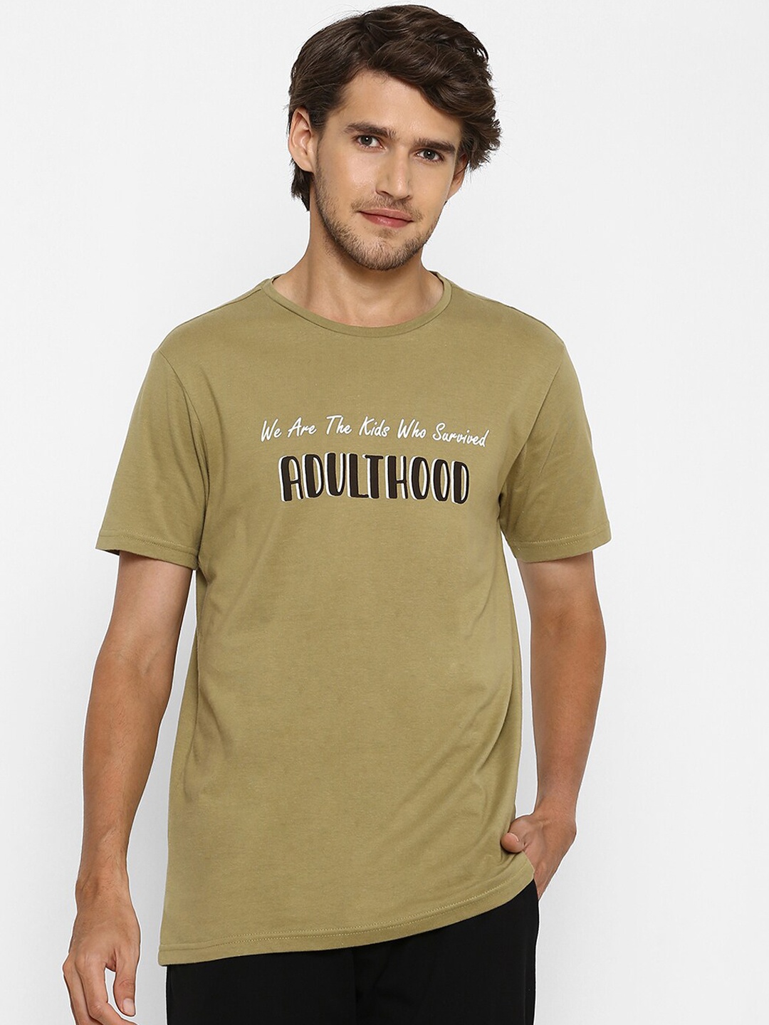 

Ajile by Pantaloons Men Khaki & Black Printed Pure Cotton Lounge T-Shirt