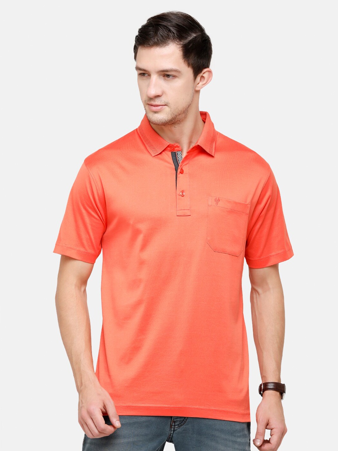 

Classic Polo Men Orange Polo Collar Pockets T-shirt