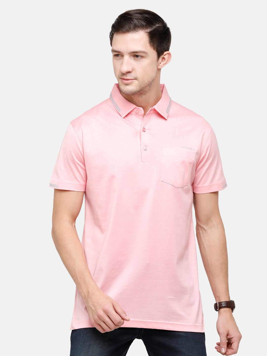 

Classic Polo Men Pink Polo Collar Pockets Slim Fit T-shirt