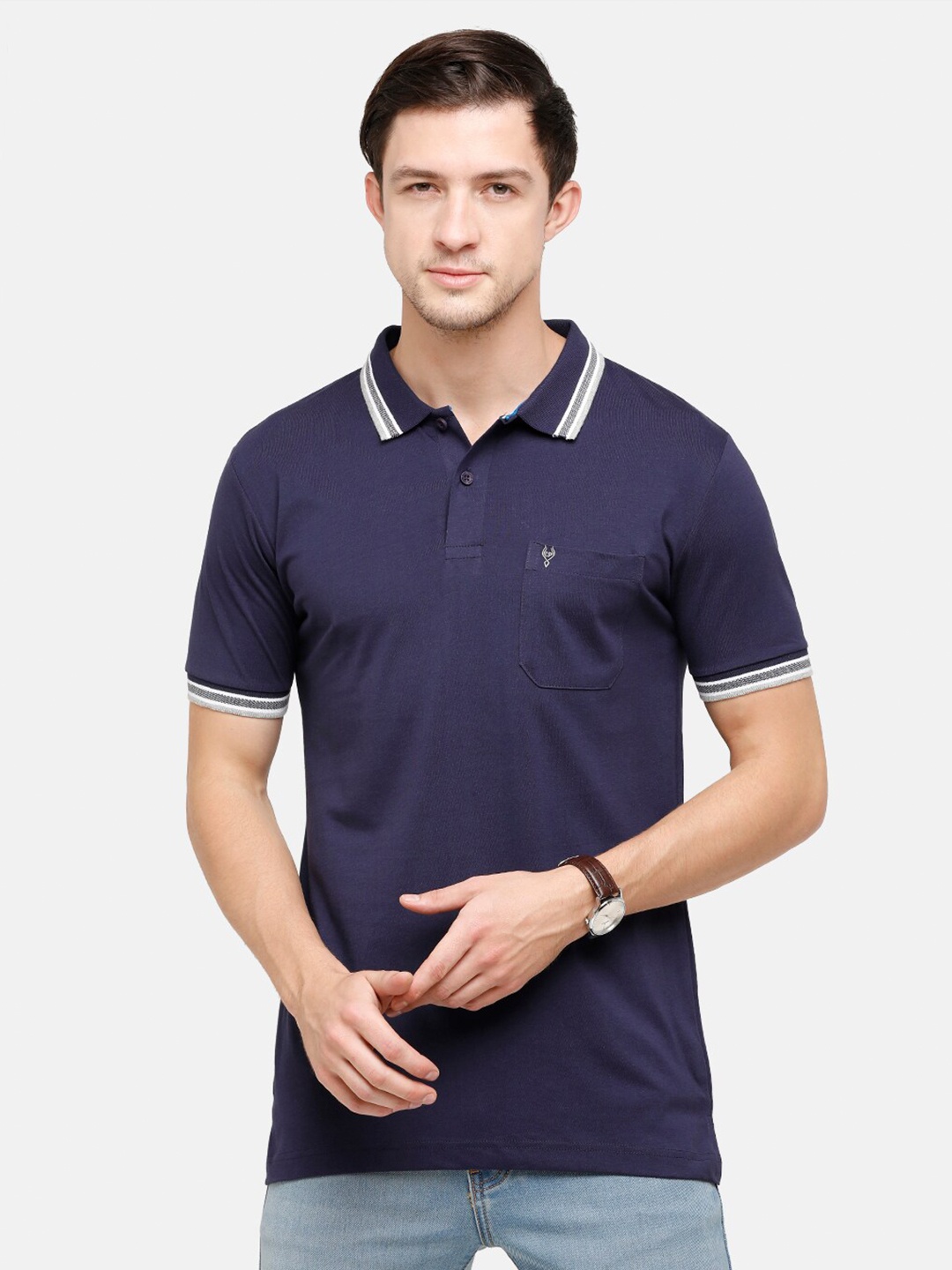 

Classic Polo Men Navy Blue Polo Collar Pockets Slim Fit T-shirt