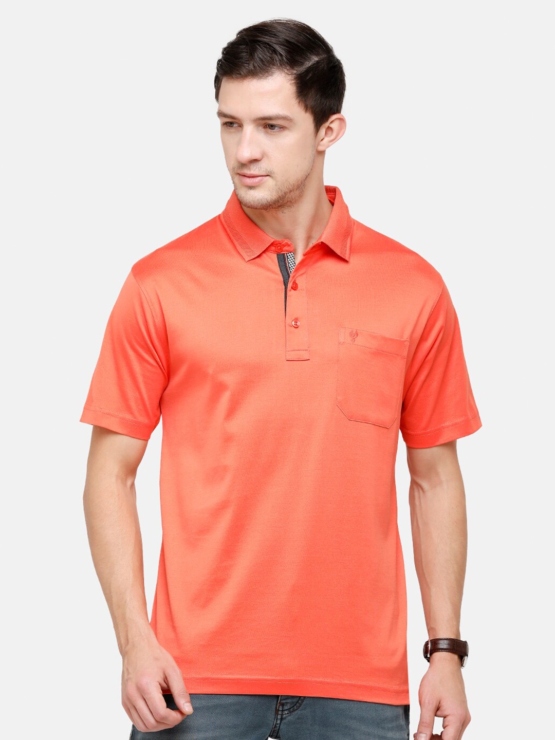 

Classic Polo Men Orange Polo Collar Pockets T-shirt