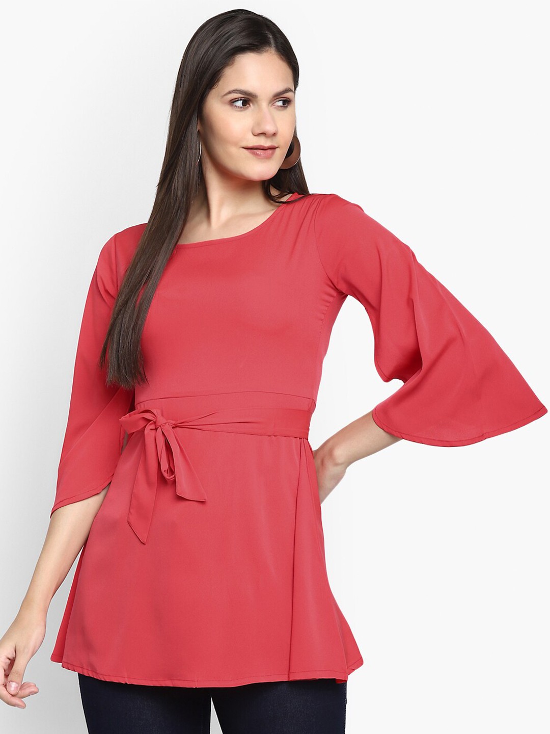 

CHRISTEENA Woman Pink Cinched Waist Longline Top