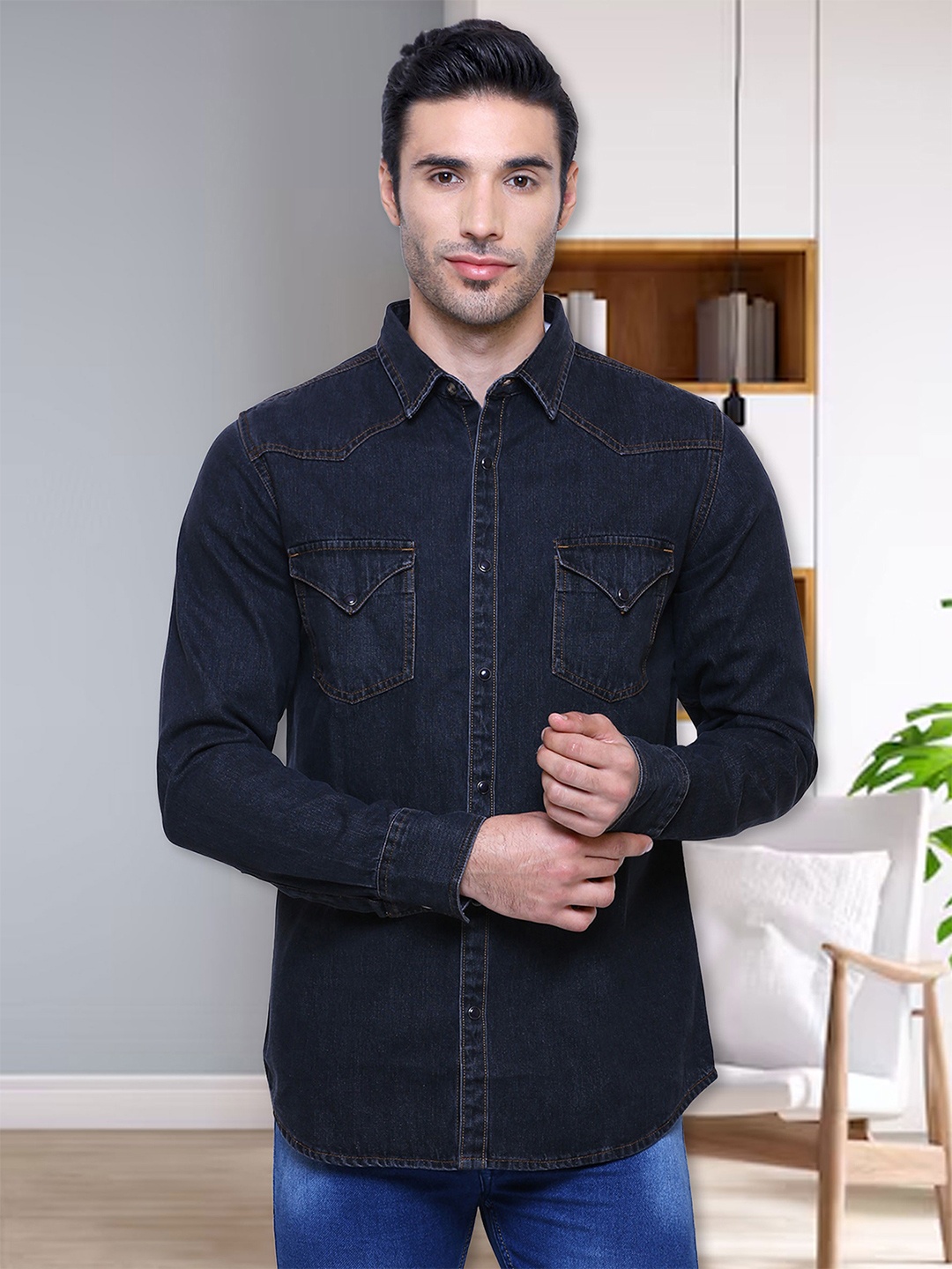 

Southbay Men Black Smart Slim Fit Opaque Denim Casual Shirt