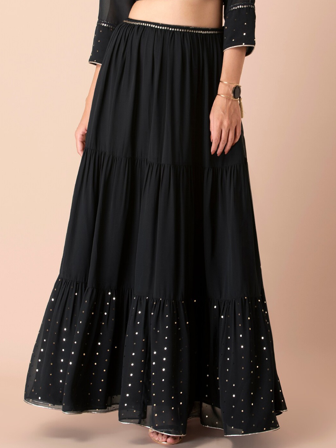 

INDYA Women Black Embellished Tiered Maxi Skirt