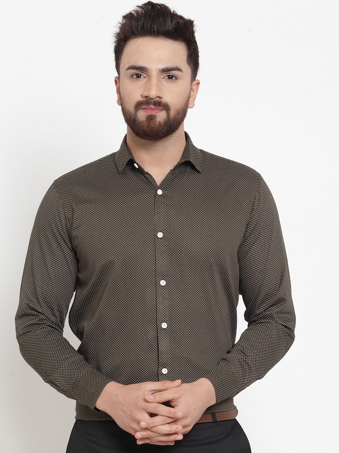 

JAINISH Men Olive Green & White Smart Opaque Polka Dots Printed Pure Cotton Formal Shirt