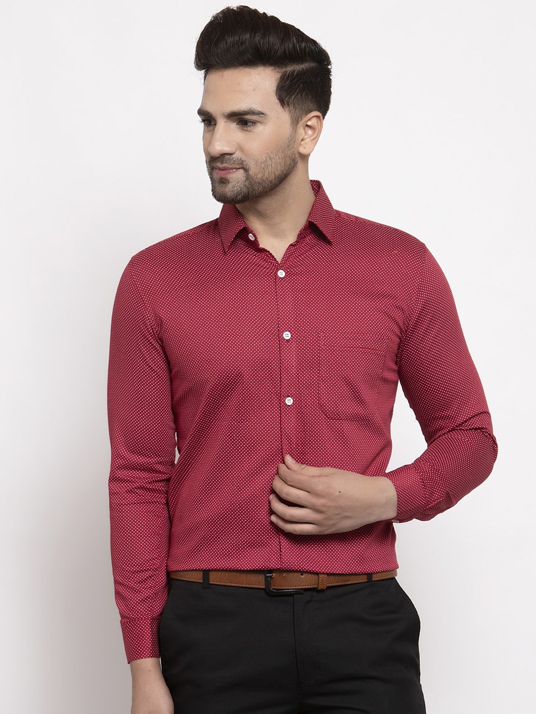

JAINISH Men Maroon Smart Opaque Pure Cotton Printed Formal Shirt