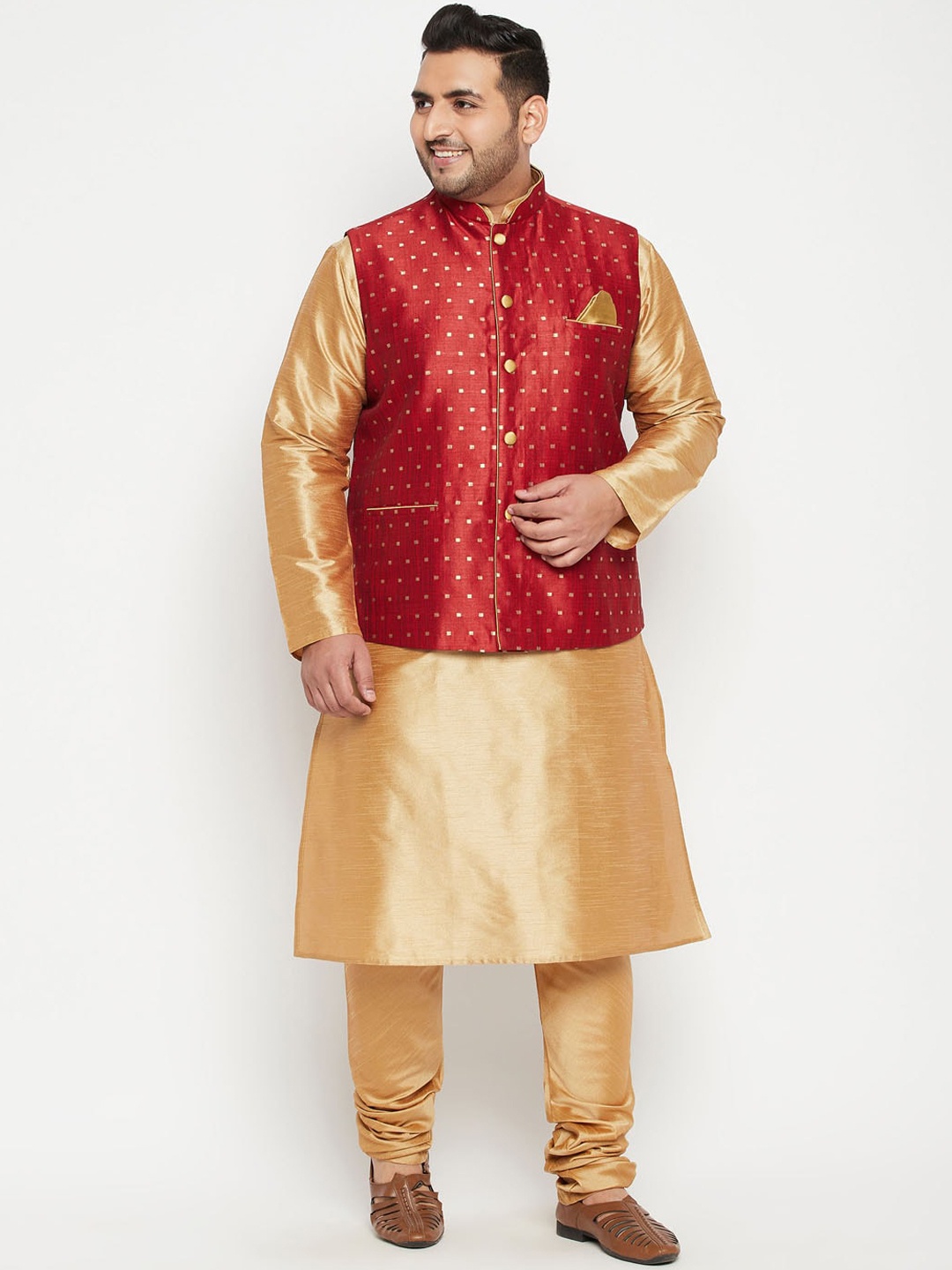 

VASTRAMAY Men Gold-Coloured Regular Kurta with Pyjamas & Nehru Jacket