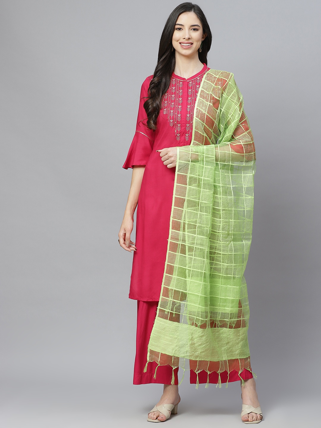 

AURELIA Women Pink & Green Embroidered Kurta with Palazzos & Dupatta