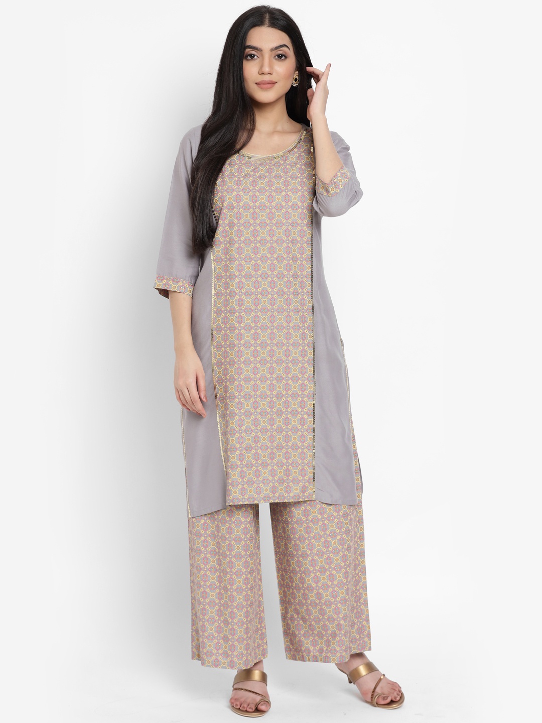 

AURELIA - The Aure Collection Women Grey & Yellow Ethnic Motifs Printed Regular Sequinned Kurta with Palazzos