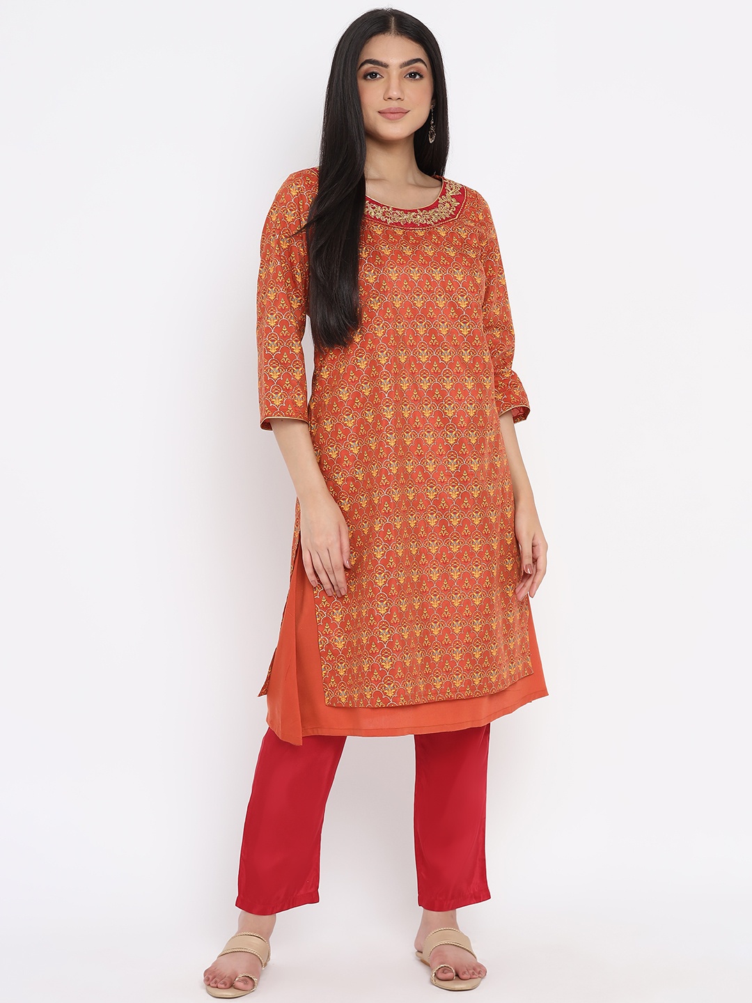 

Aurelia Women Printed Poly Shantung Kurta Set with Trousers, Rust