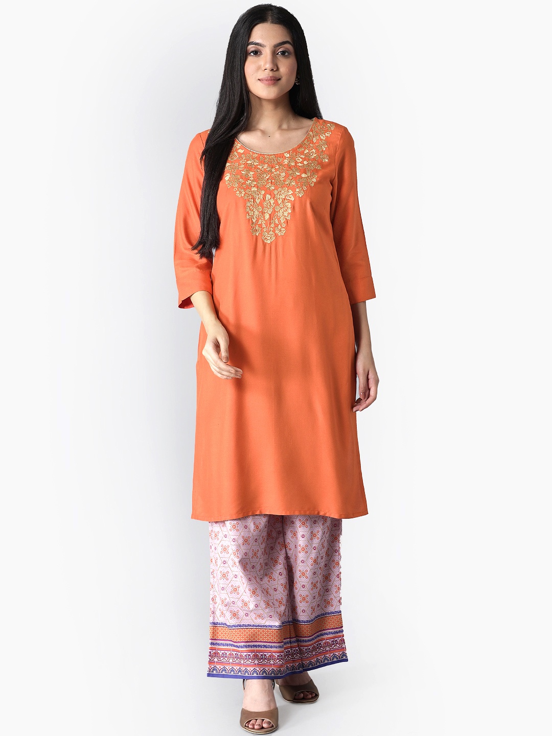 

AURELIA - The Aure Collection Women Orange & Purple Ethnic Motifs Embroidered Regular Kurta with Palazzos