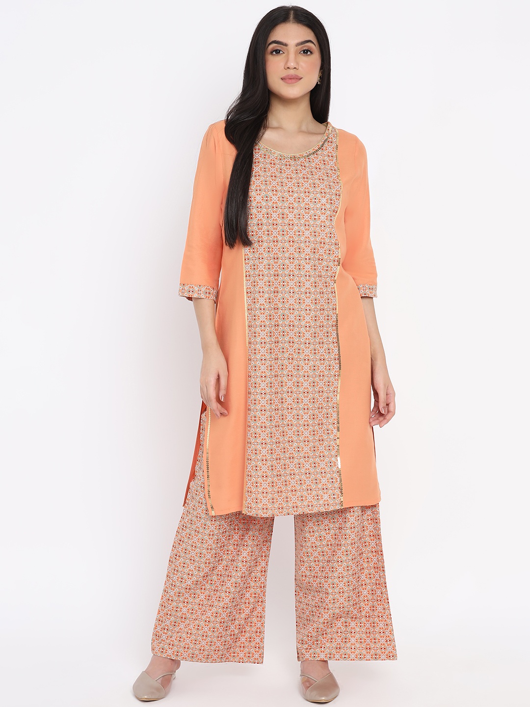 

AURELIA - The Aure Collection Women Peach-Coloured & Green Ethnic Motifs Print Sequinned Kurta with Palazzos