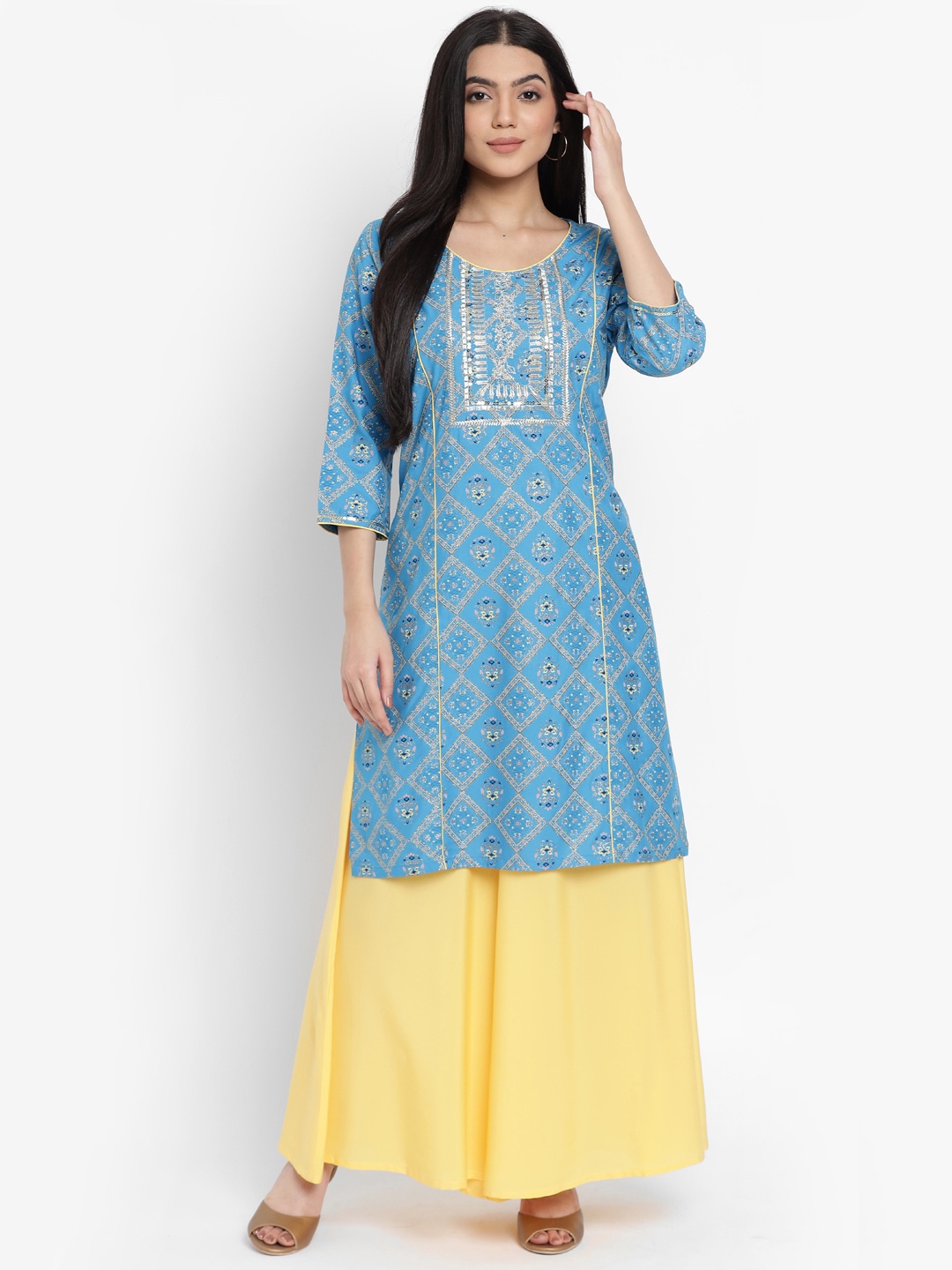 

AURELIA - The Aure Collection Women Blue & Yellow Ethnic Motifs Embroidered Sequinned Kurta with Palazzos