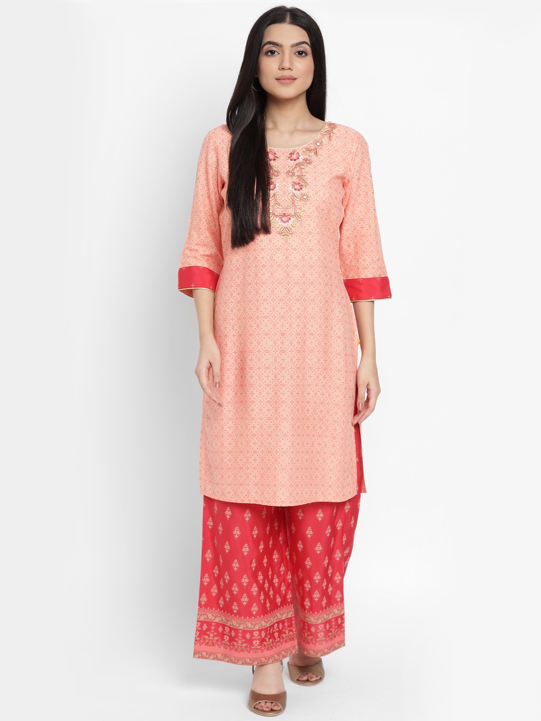 

AURELIA - The Aure Collection Women Peach-Coloured & Red Ethnic Motifs Print Regular Kurta with Palazzos