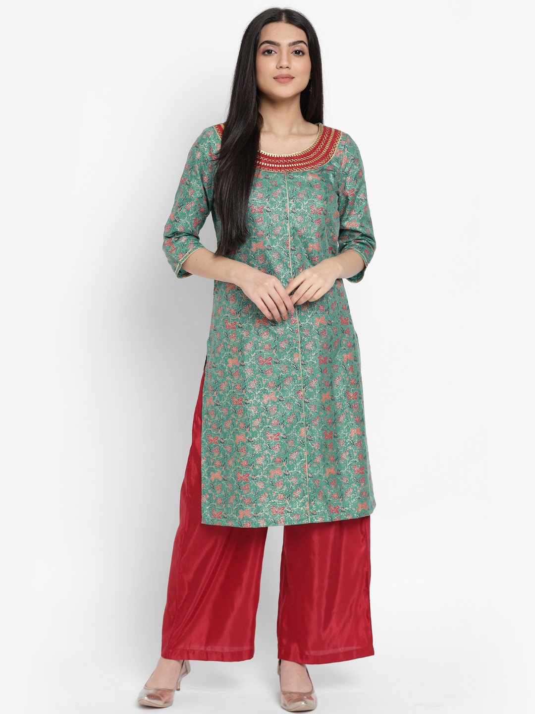

AURELIA - The Aure Collection Women Green Mughal Print Zari Embroidered Kurta with Solid Palazzos