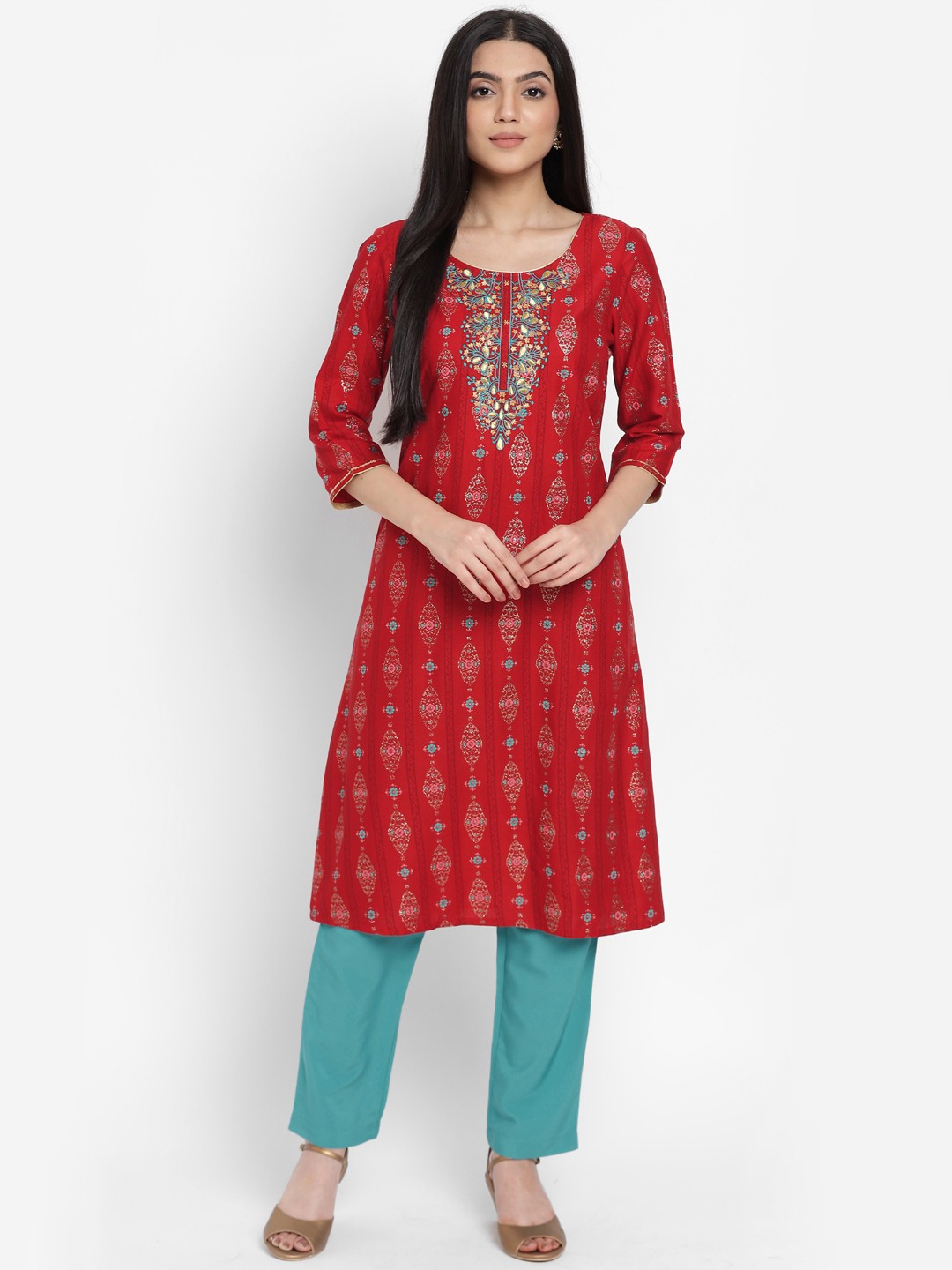 

AURELIA - The Aure Collection Women Red Ethnic Motifs Printed Regular Kurta with Trousers