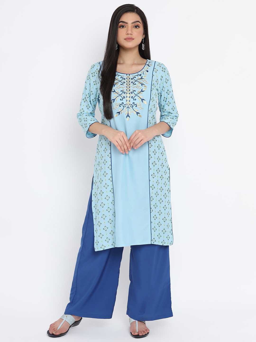 

AURELIA - The Aure Collection Women Blue & Golden Zari Ethnic Motifs Embroidered Kurta with Palazzos
