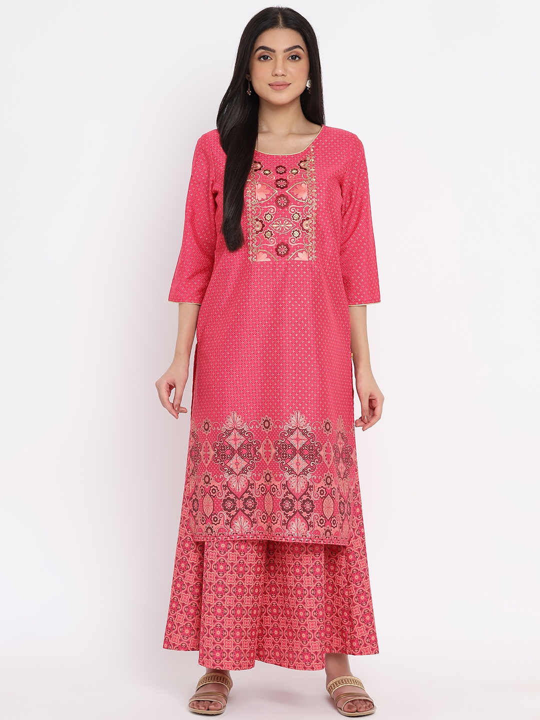 

AURELIA - The Aure Collection Women Pink & Golden Ethnic Motifs Print Zari Embroidered Kurta with Palazzos
