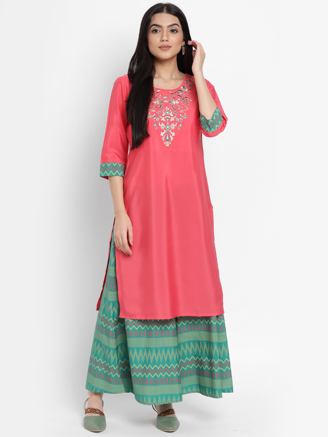 

AURELIA - The Aure Collection Women Coral Pink & Green Ethnic Motifs Yoke Design Regular Kurta with Palazzos