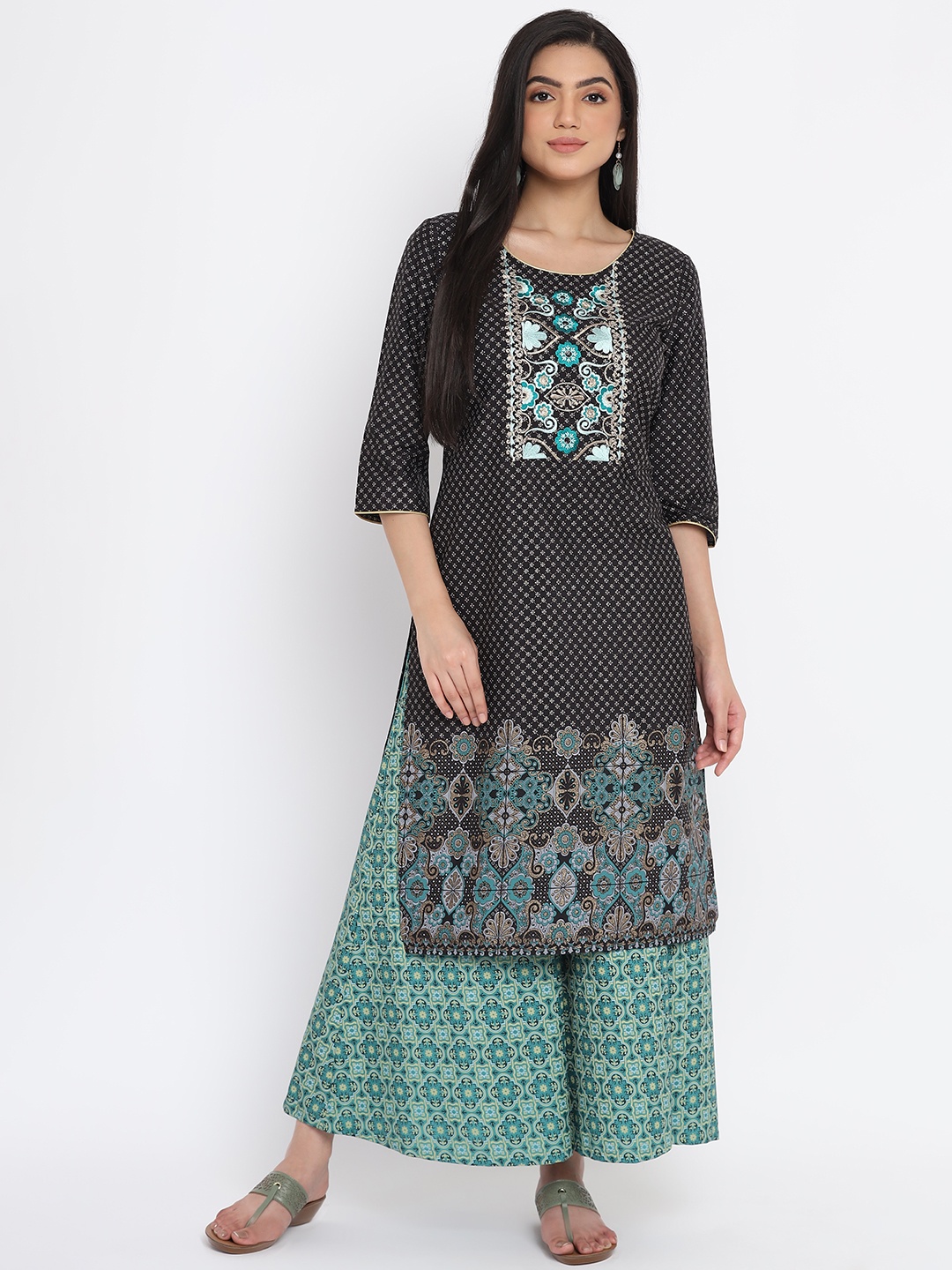 

AURELIA - The Aure Collection Women Black & Green Ethnic Motifs Print Zari Embroidered Kurta with Palazzos