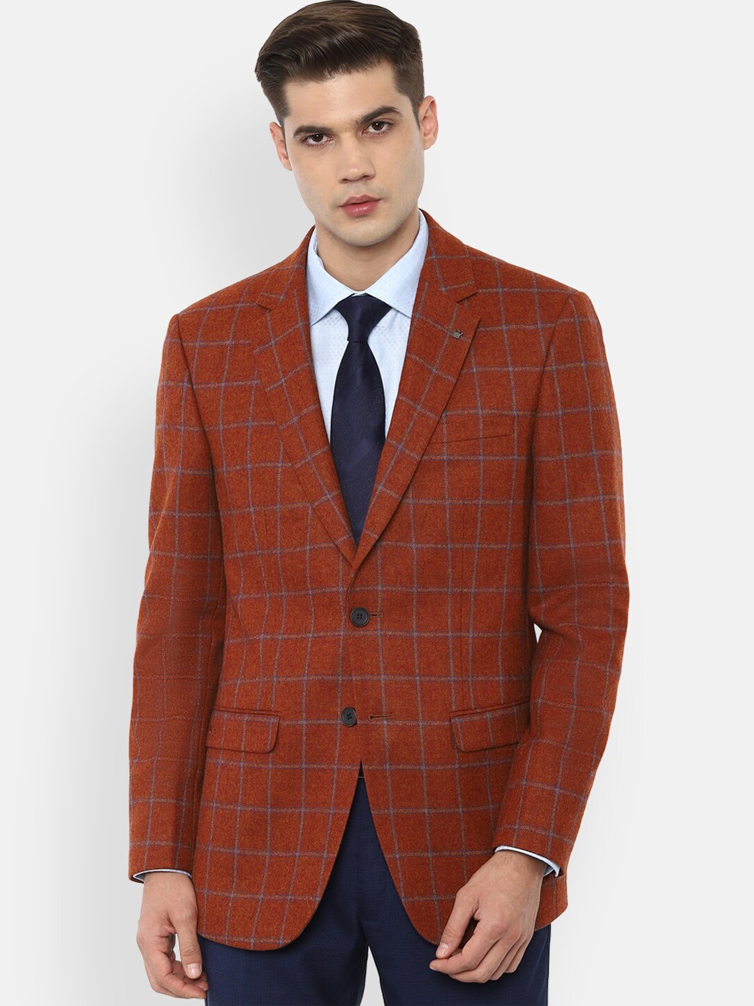 

Louis Philippe Men Rust Brown & Blue Checked Single Breasted Pure Wool Blazer