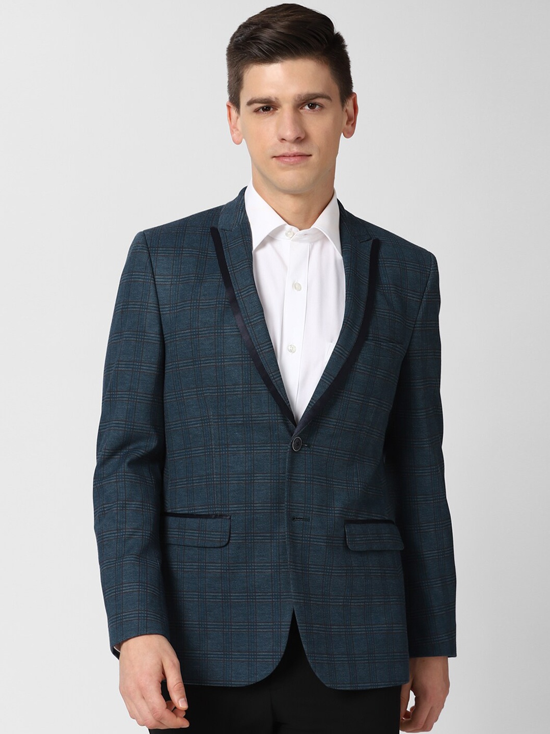 

Peter England Elite Teal Blue Checked Single-Breasted Formal Blazer