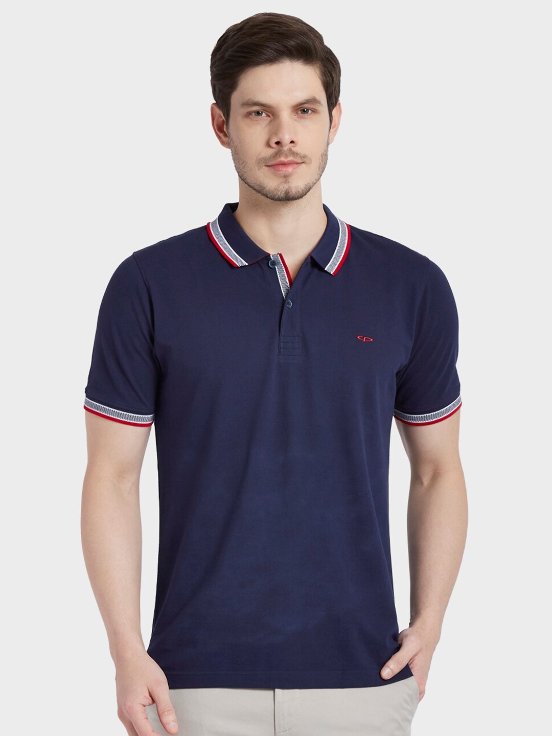 ColorPlus Men Blue Polo Collar Cotton T-shirt