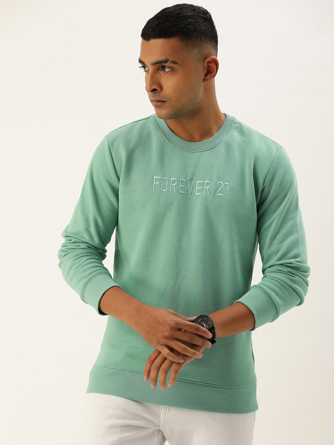 

FOREVER 21 Self Design Brand Logo Embroidered Sweatshirt, Green