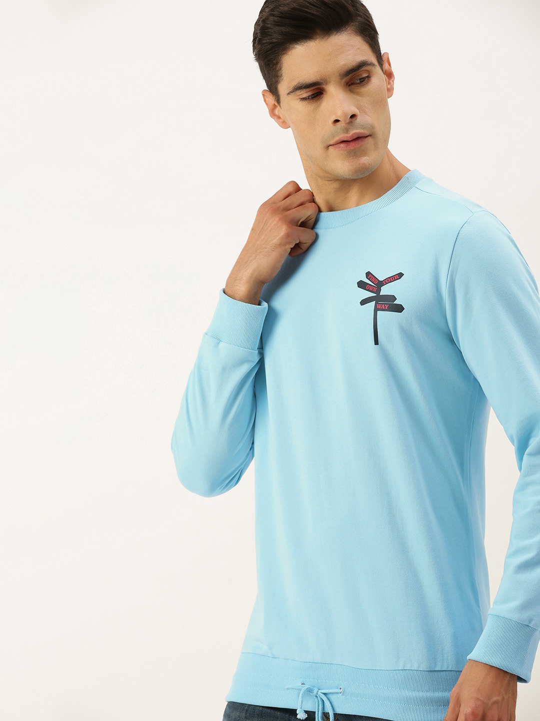 

FOREVER 21 Men Sky Blue Graphic Printed Round-Neck Pullover Sweatshirt