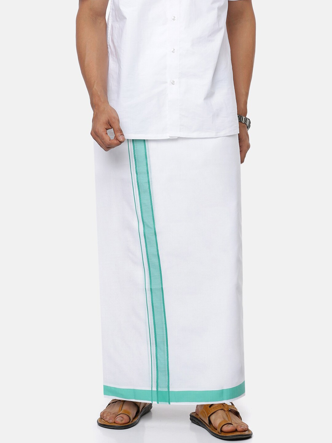 

Ramraj Men Pure Cotton Double Layer White Solid Dhoti with Broad green border