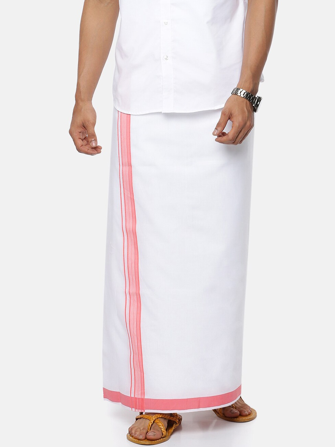 

Ramraj Men Pure Cotton Double Layer White Solid Dhoti with Pink border
