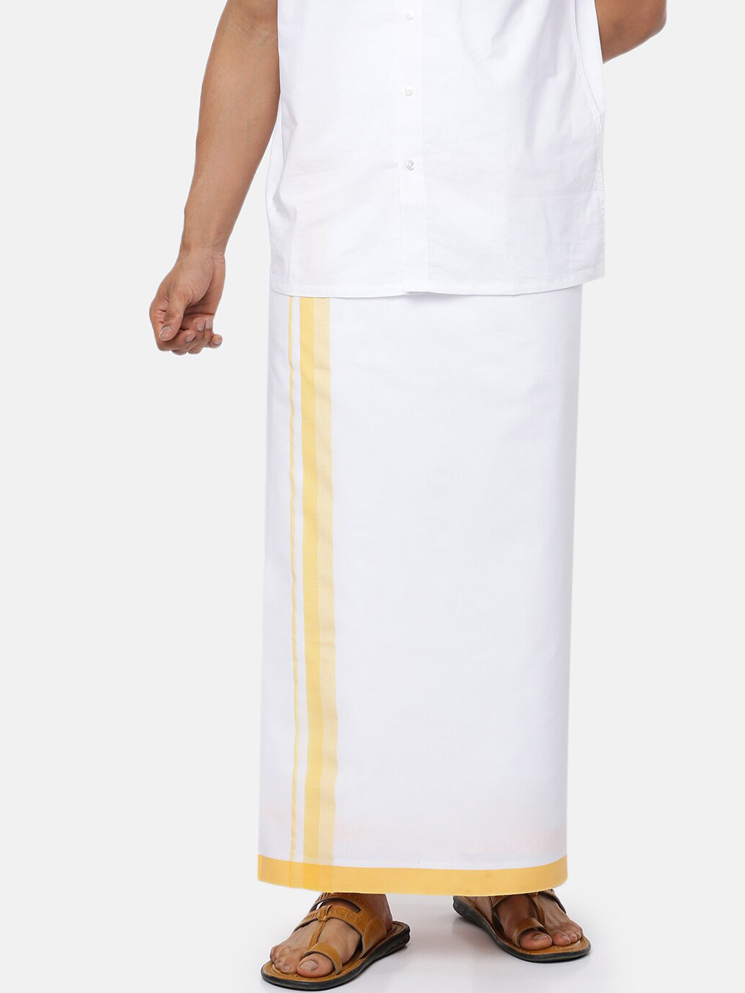 

Ramraj Men Pure Cotton Double Layer White Solid Dhoti with Yellow border