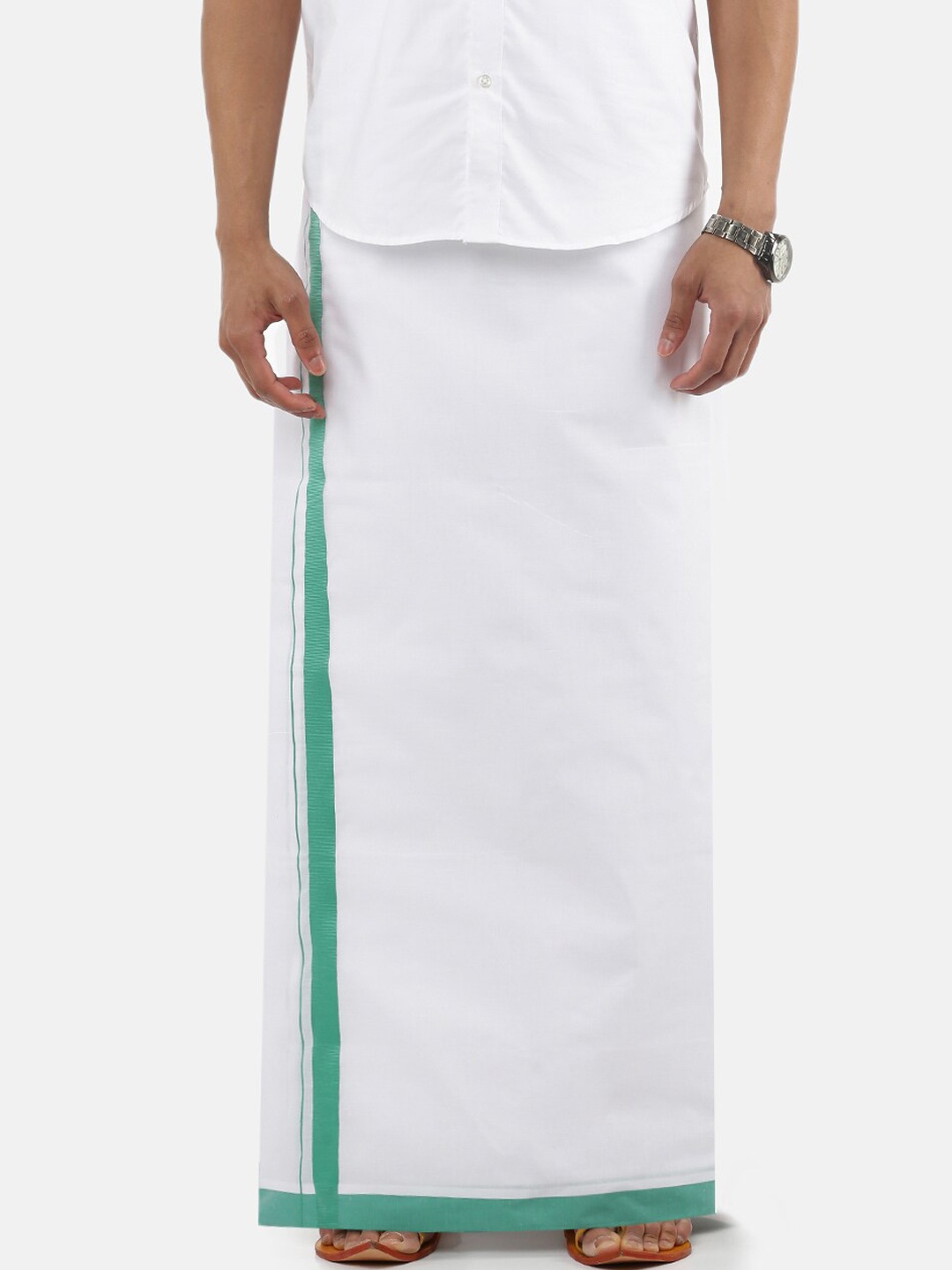 

Ramraj Men Pure Cotton Double layer White Dhoti with Green border