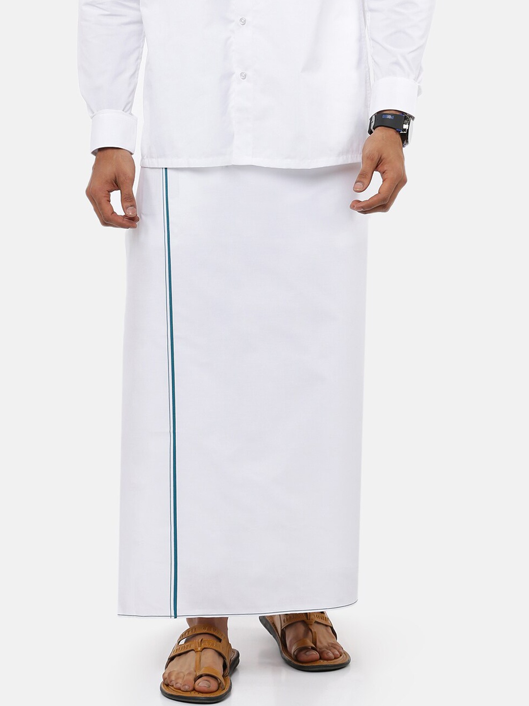 

Ramraj Men Pure Cotton Single Layer White Solid Dhoti with Blue border