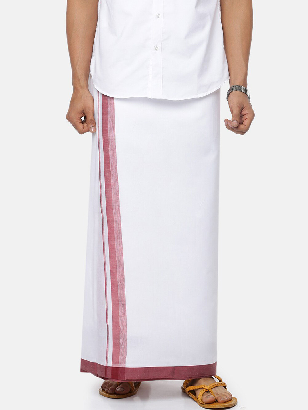 

Ramraj Men White & Maroon Solid Pure Cotton Dhoti