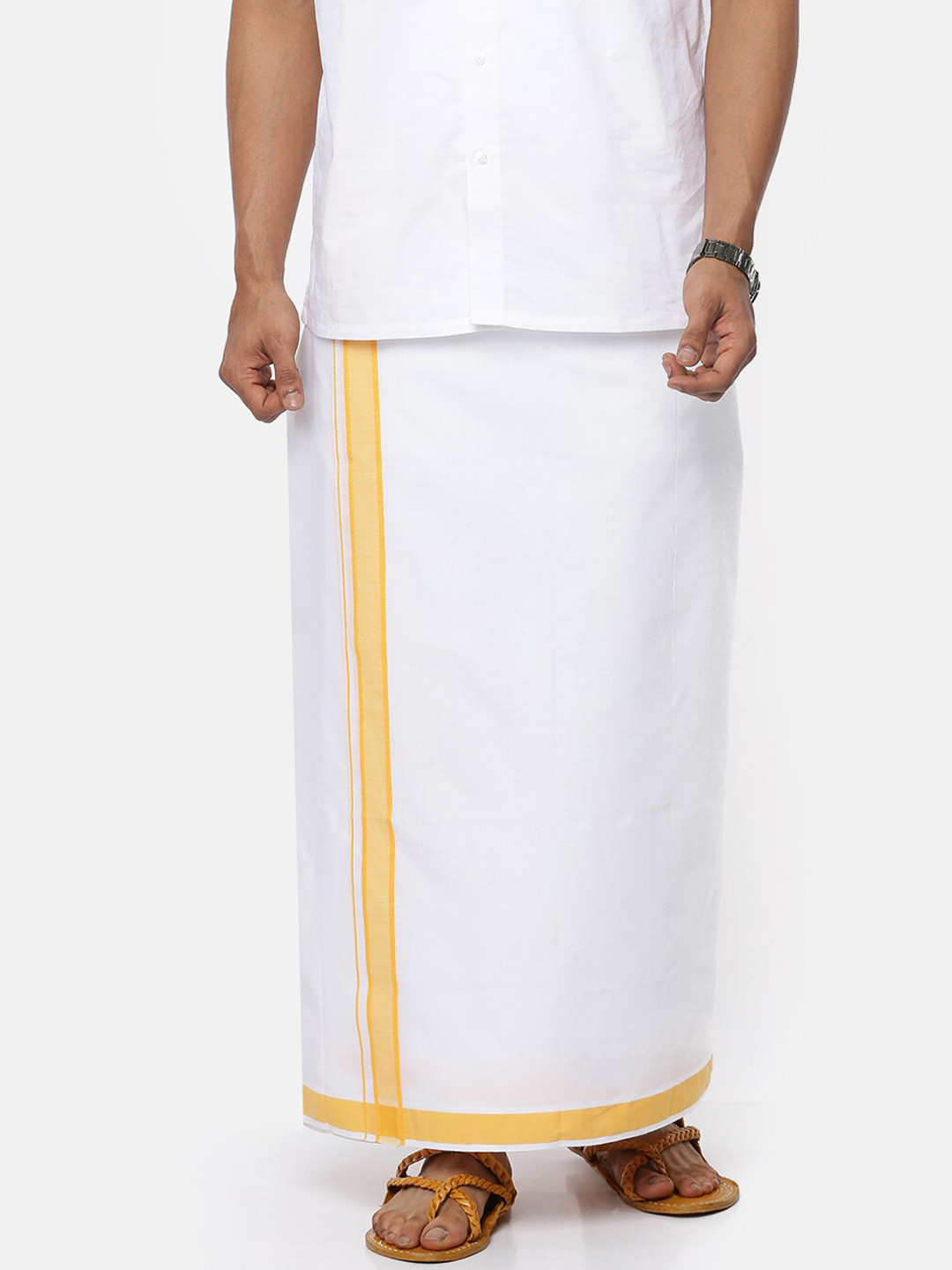 

Ramraj Men Pure Cotton Double Layer White Solid Dhoti with Broad Yellow border