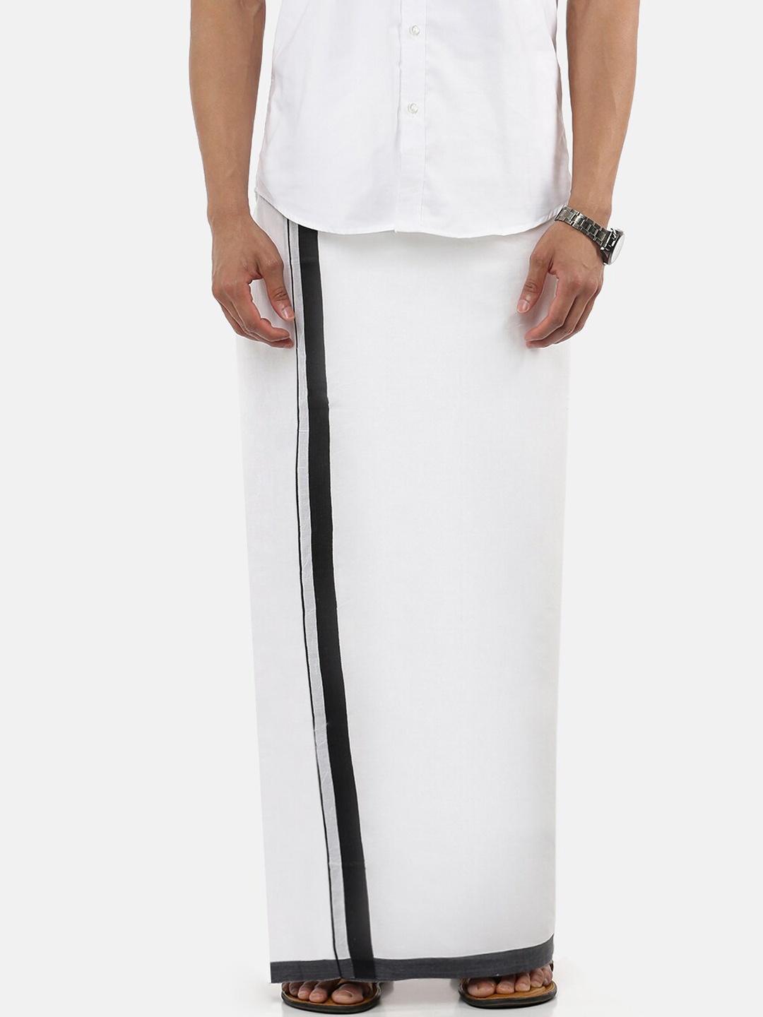 

Ramraj Men Pure Cotton Double layer White Dhoti with Black border