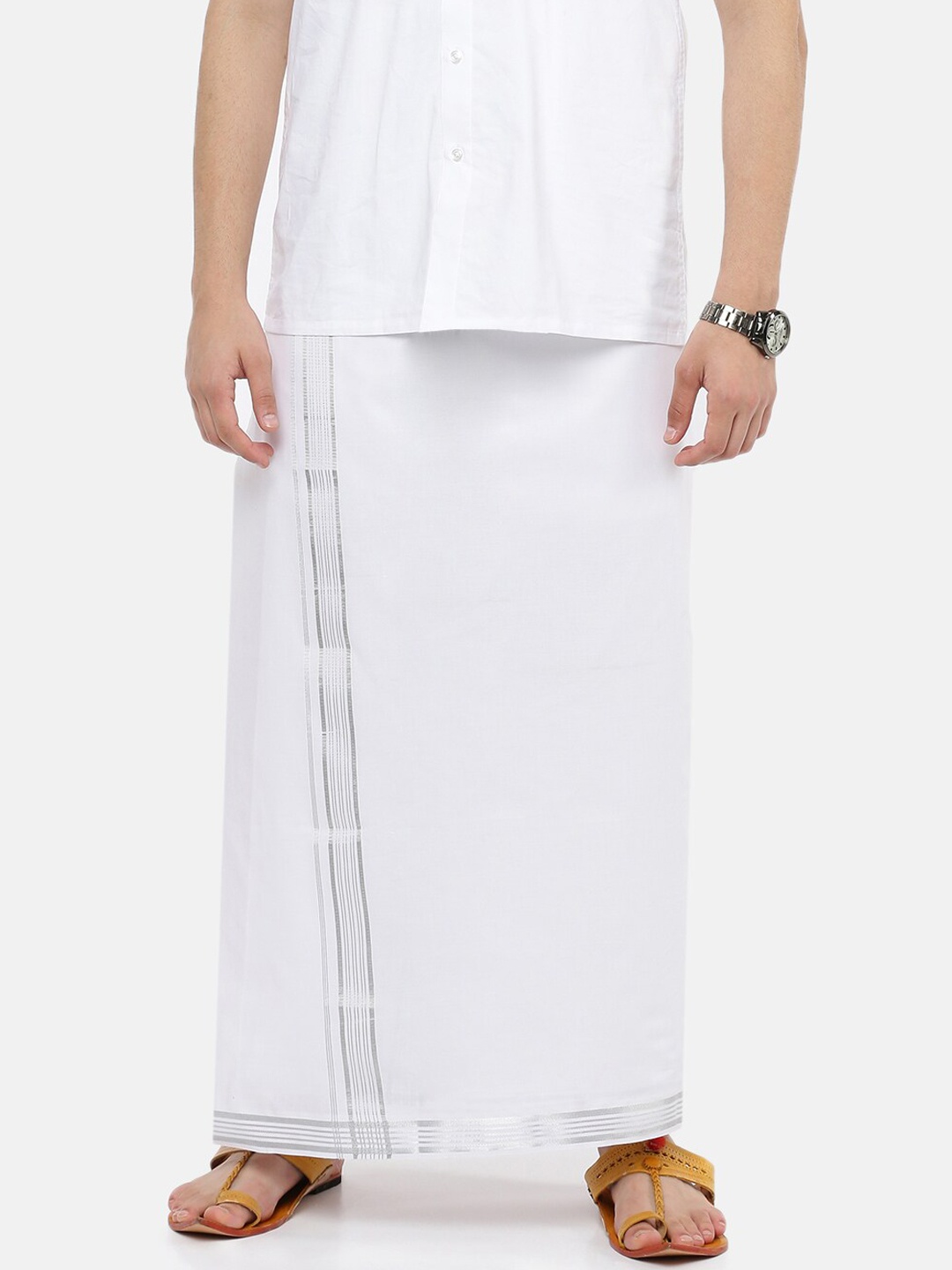 

Ramraj Men Pure Cotton Single Layer White Solid Dhoti with Fancy Silver border
