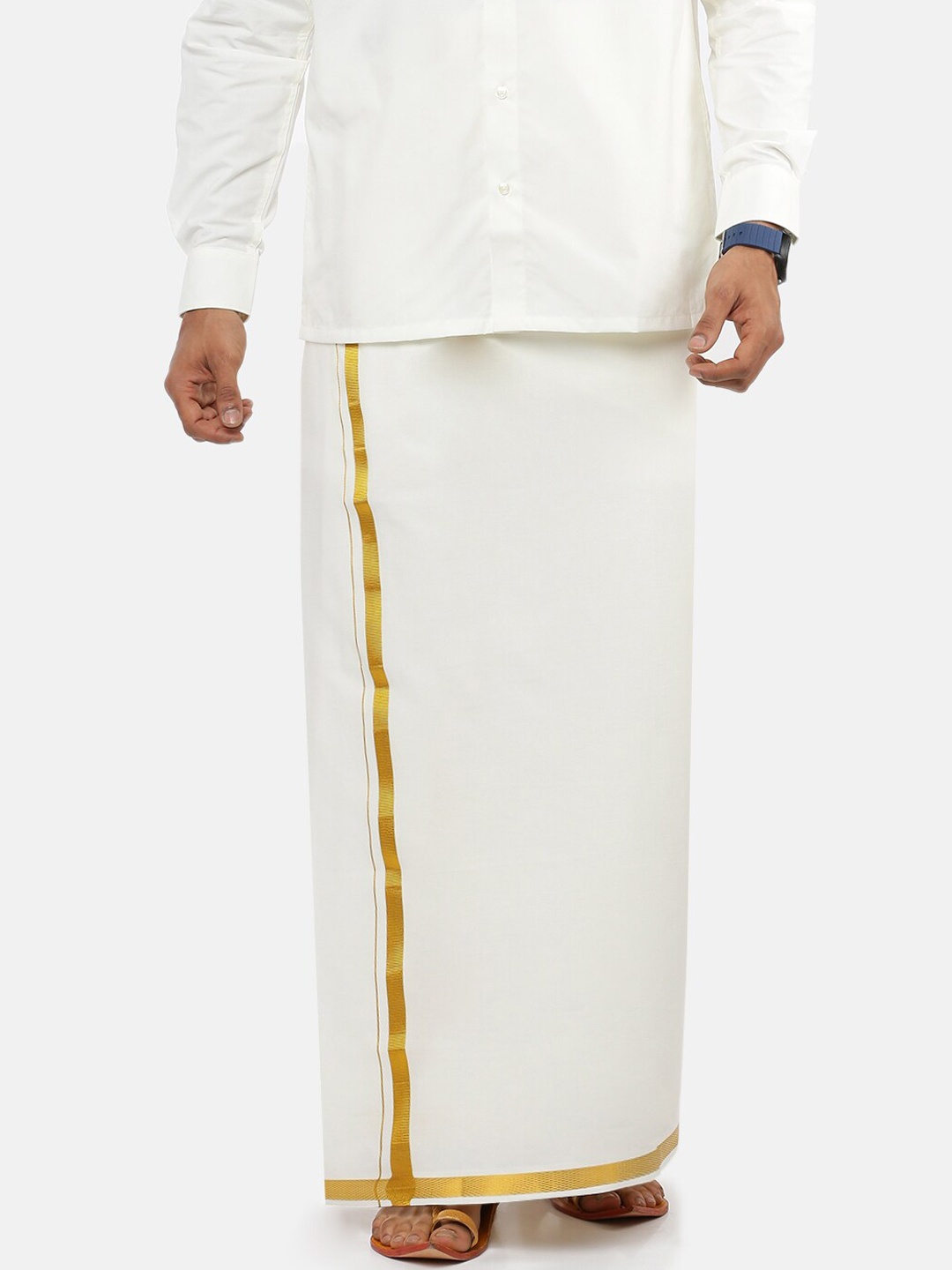 

Ramraj Men Pure Cotton Single layer White Dhoti with Gold jari border