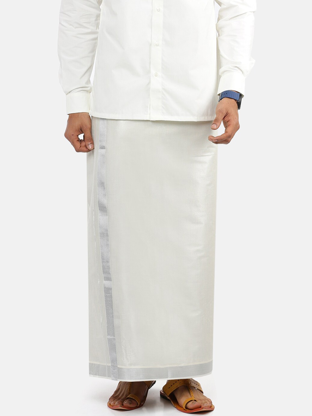 

Ramraj Men Pure Cotton Double Layer White Solid Dhoti with Silvar Zari border, Off white