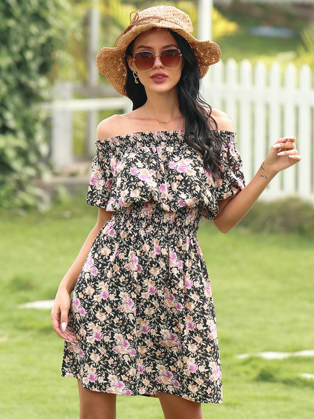 

URBANIC Black & Pink Floral Printed Off-Shoulder A-Line Dress