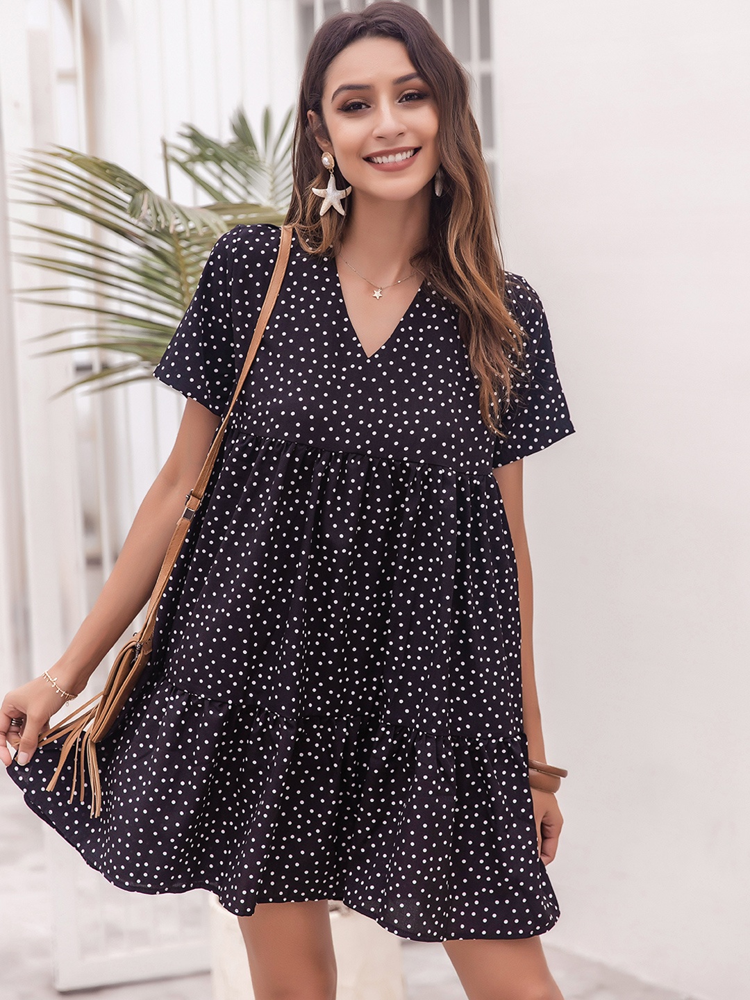 

URBANIC Black & White Polka Printed Tiered A-Line Dress