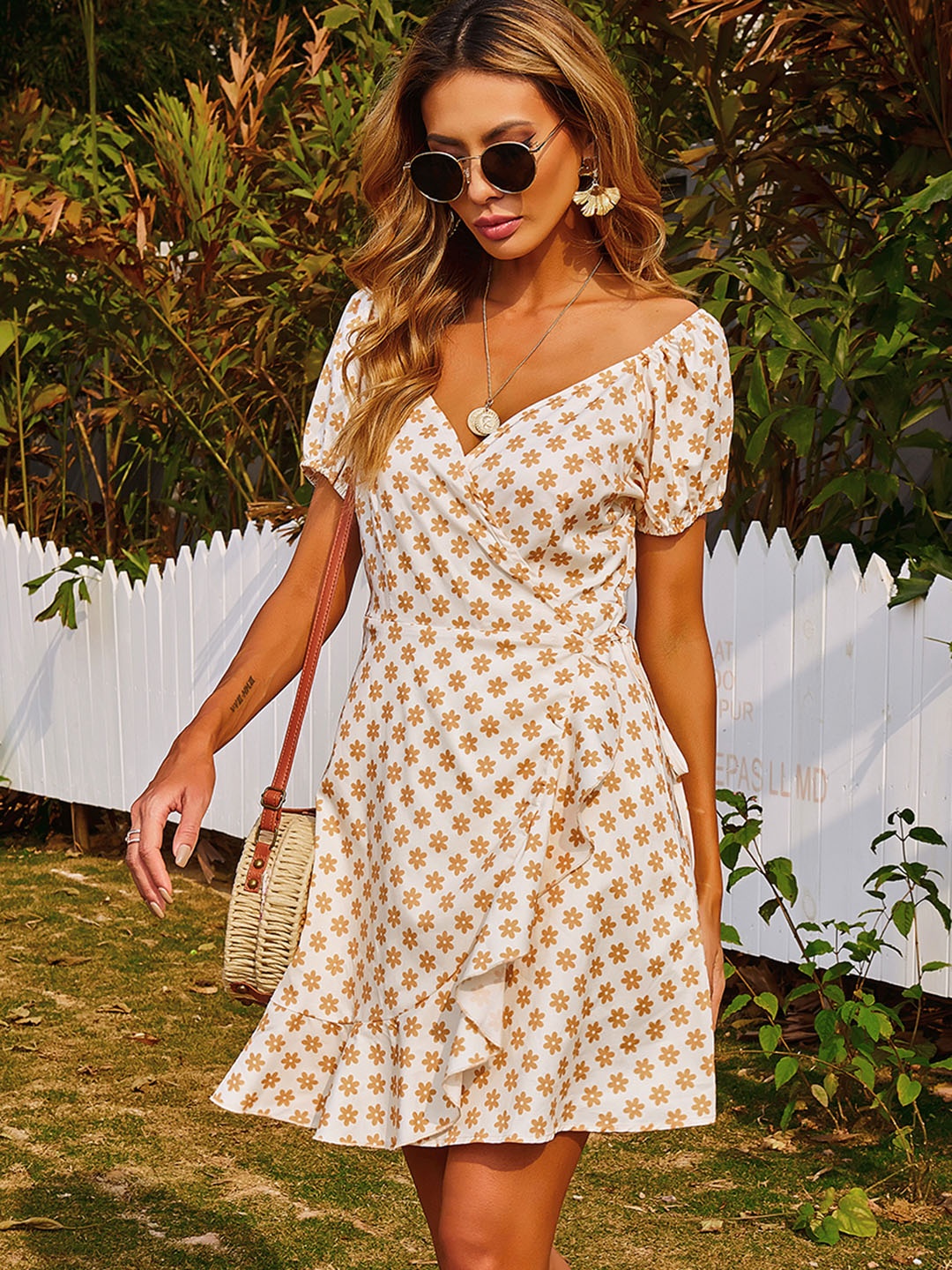 

URBANIC Beige & Off White Printed Wrap Dress