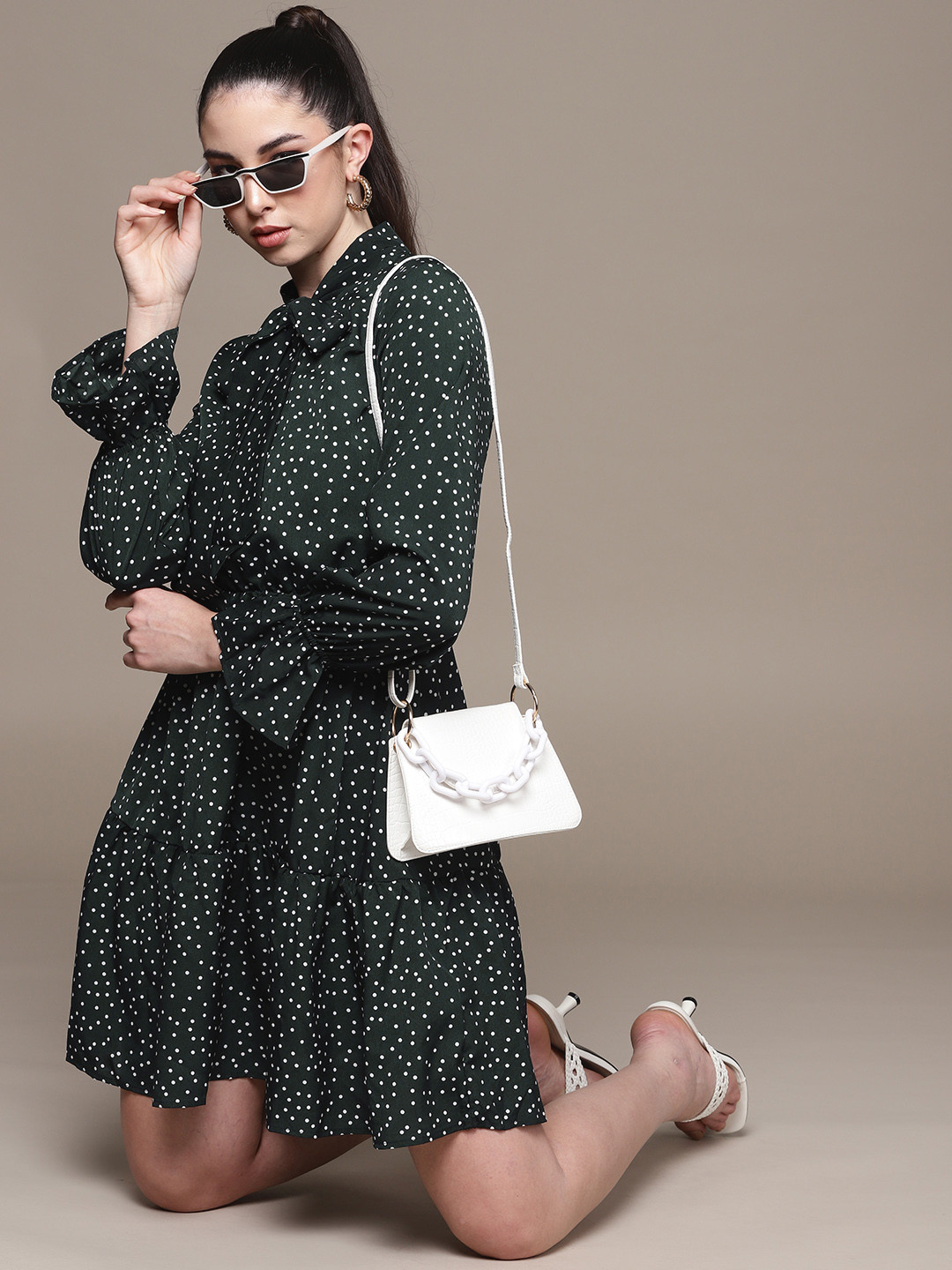 

URBANIC Green & White Polka Dots Printed Tie-Up Neck A-Line Dress