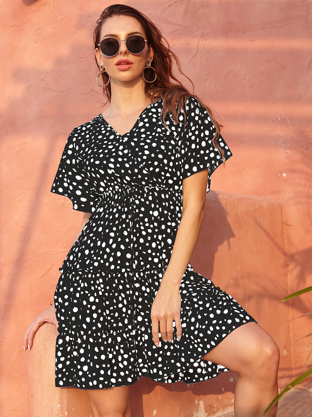 

URBANIC Black & White Geometric Print Tiered Wrap Dress